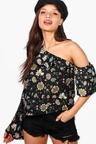 Boohoo Faye One Shoulder Floral Flare Sleeve Top