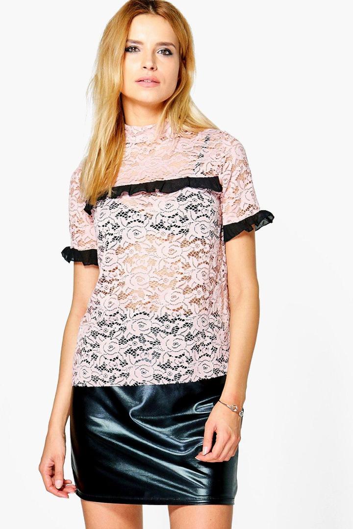 Boohoo Poppy Premium Lace Ruffle Top Nude