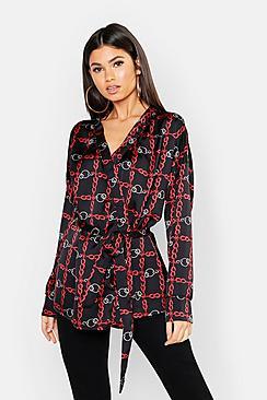 Boohoo Chain Print Satin Tie Waist Wrap Blouse