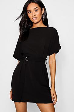 Boohoo Petite Ann Turn Up Sleeve Waist Woven Shift Dress