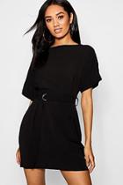 Boohoo Petite Ann Turn Up Sleeve Waist Woven Shift Dress