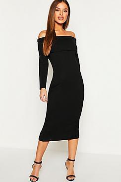 Boohoo Petite Jumbo Rib Bardot Maxi Dress