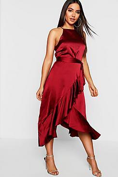 Boohoo Satin Frill Wrap Midi Dress