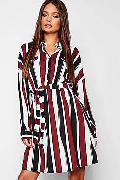Boohoo Satin Stripe Utility Belted Shirt Dress