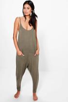 Boohoo Lucy Pocket Drop Crotch Lounge Romper Khaki