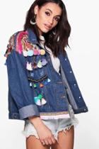 Boohoo Boutique Lea Embroidered Pom Pom Jean Jacket Multi