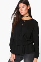 Boohoo Hailey Tie Neck Ruffle Hem Blouse Black