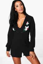 Boohoo Kelly Long Sleeve Embroidered Playsuit Black
