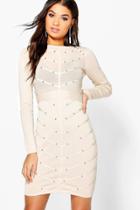 Boohoo Boutique Bria Studded Ribbed Bodycon Dress Stone