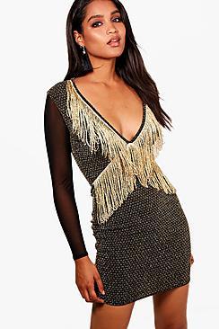 Boohoo Grace Tassel Detail Metallc Bodycon Dress