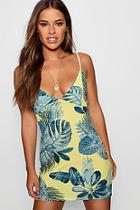 Boohoo Petite Leyla Palm Print Strappy Bodycon Dress