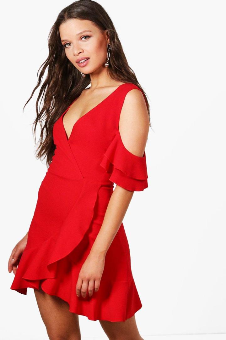 Boohoo Sophia Cold Shoulder Frill Detail Bodycon Dress Red