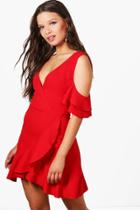 Boohoo Sophia Cold Shoulder Frill Detail Bodycon Dress Red