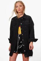 Boohoo Jilly Longline Paint Splatter Jean Jacket Black