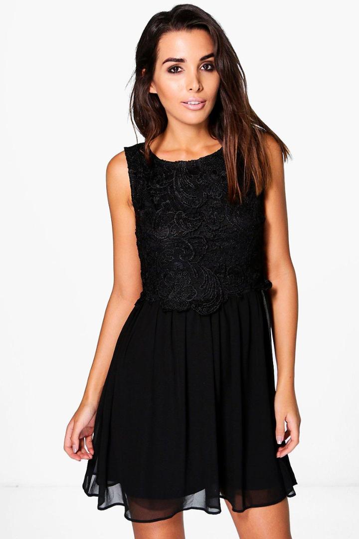 Boohoo Joley Corded Lace Top Chiffon Skater Dress Black