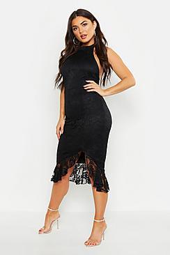 Boohoo Lace Halter Neck Frill Hem Bodycon Midi Dress
