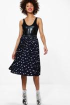 Boohoo Maya Pleated Star Print Midi Skirt Navy
