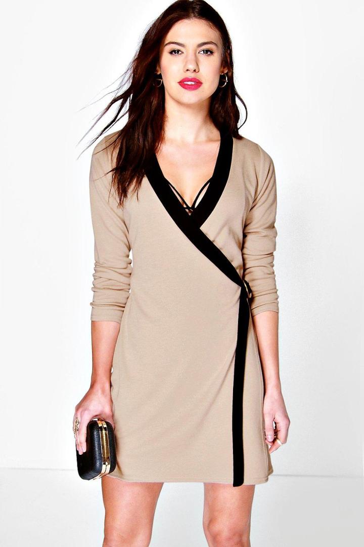 Boohoo Coreline D-ring Detail Wrap Dress Sand