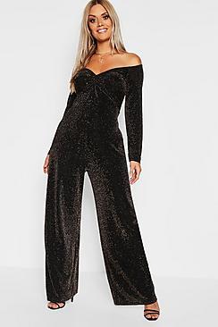 Boohoo Plus Glitter Knot Front Bardot Jumpsuit