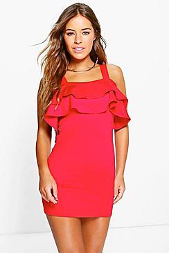 Boohoo Petite Jessica Bardot Strappy Frill Dress
