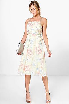 Boohoo Lorelai Pleated Floral Print Strappy Midi Dress