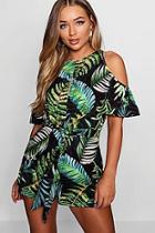 Boohoo Camilla Palm Print Tie Front Playsuit