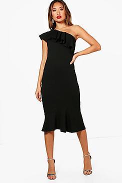 Boohoo Katy One Shoulder Frill High Neck Midi Dress