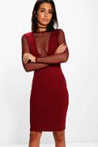 Boohoo Lottie Long Sleeved Fishnet V Neck Midi Dress Burgundy