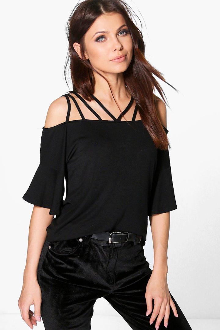 Boohoo Emma Strappy Neck Flare Sleeve Top Black