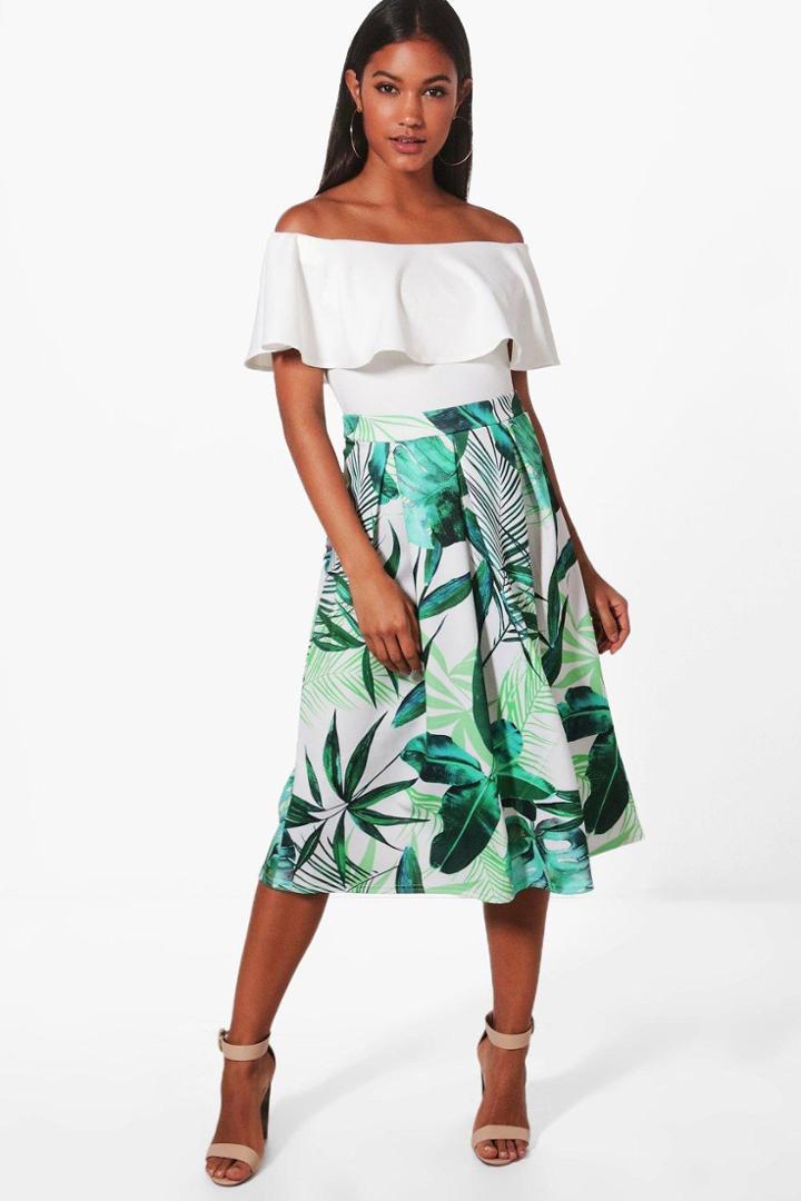 Boohoo Neve Palm Print Box Pleat Skater Skirt Multi