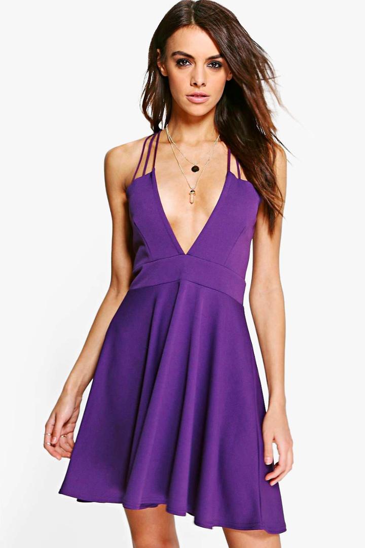 Boohoo Suvi Deep Plunge Strappy Detail Skater Dress Plum