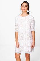 Boohoo Fasia Crochet Lace Short Sleeve Shift Dress Ivory