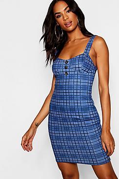 Boohoo Tall Mock Horn Button Through Check Mini Dress