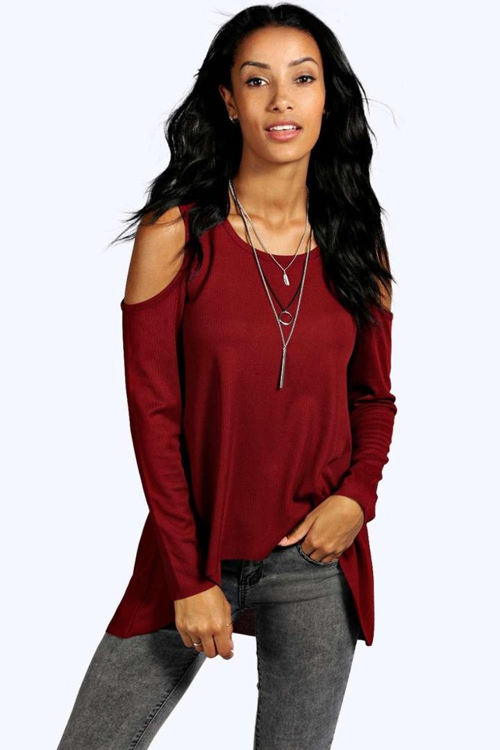 Boohoo Demi Ribbed Cold Shoulder Long Sleeve Top Burgundy