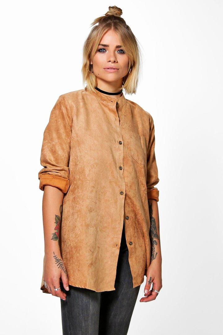 Boohoo Lucy Suedette Collarless Shirt Stone