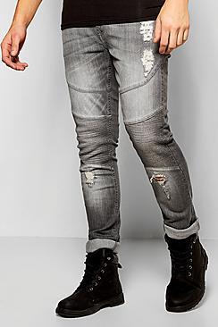Boohoo Skinny Fit Stretch Biker Jeans With Abrasions
