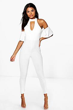 Boohoo Olivia Open Shoulder Skinny Leg Jumpsuit