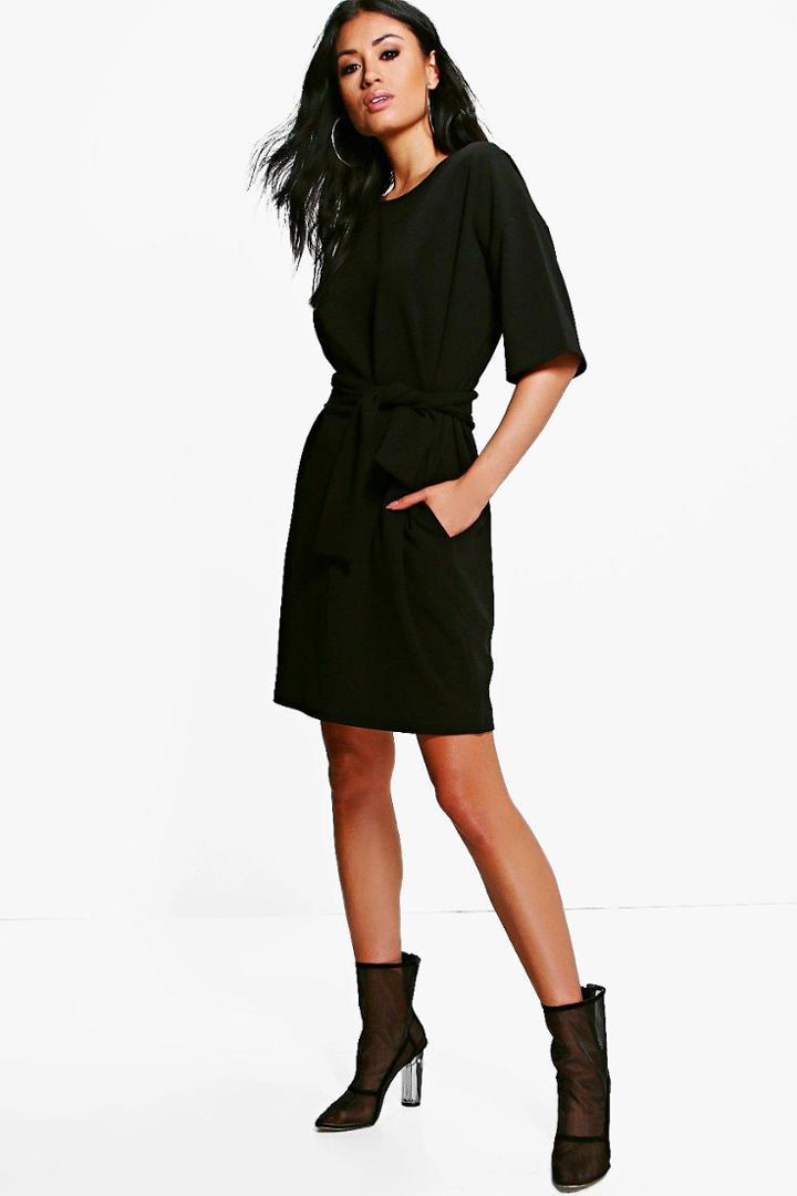 Boohoo Liv Structured Tie Belt Waist Shift Dress Black