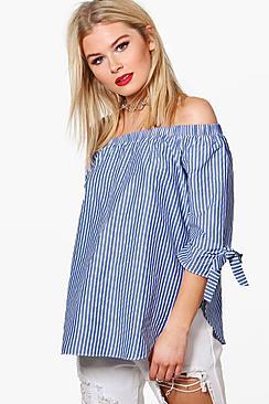 Boohoo Ivy Stripe Woven Tie Sleeve Off The Shoulder Top