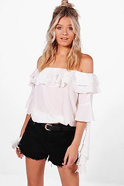 Boohoo Yasmin Oversized Tie Cuff Bardot Blouse
