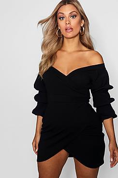 Boohoo Plus Off The Shoulder Wrap Bodycon Dress