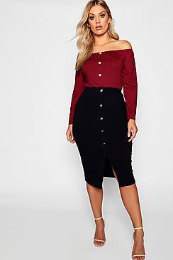 Boohoo Plus Button Ribbed Midi Skirt