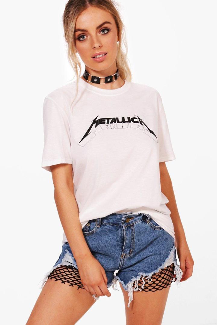 Boohoo Lily Metallica Slogan Bright Tee White