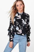 Boohoo Raegan Oriental Print Ruffle Sleeve Blouse