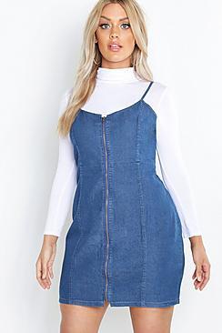 Boohoo Plus Two Zip Denim Pinafore Dress