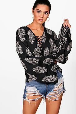 Boohoo Tall Ava Printed Lace Up Top