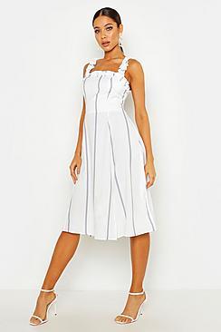 Boohoo Stripe Ruffle Strap Midi Skater Dress