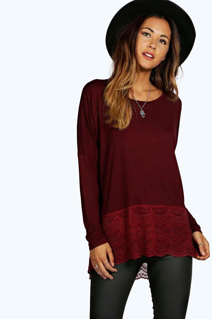 Boohoo Chelsea Longline Crochet Hem Top Burgundy