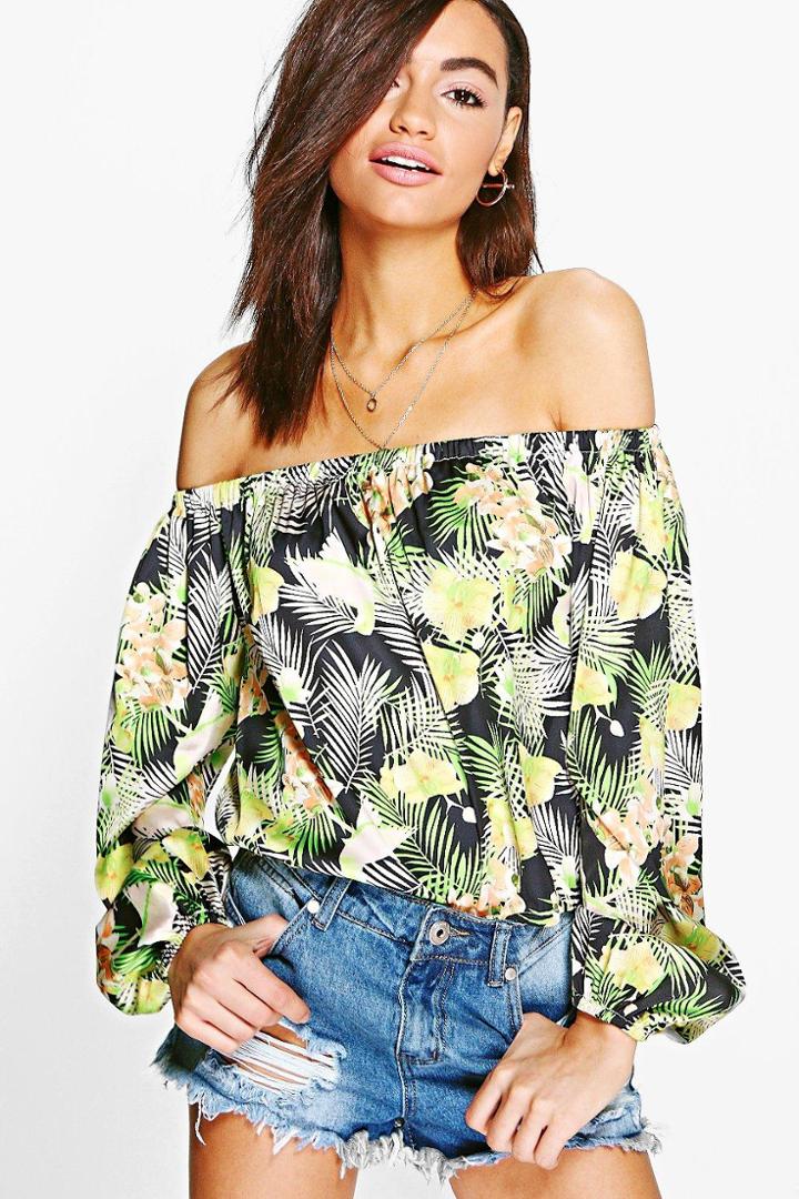 Boohoo Olivia Tropical Print Bardot Top Multi