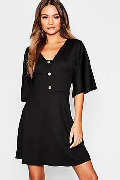 Boohoo Horn Button Wide Sleeve Skater Dress